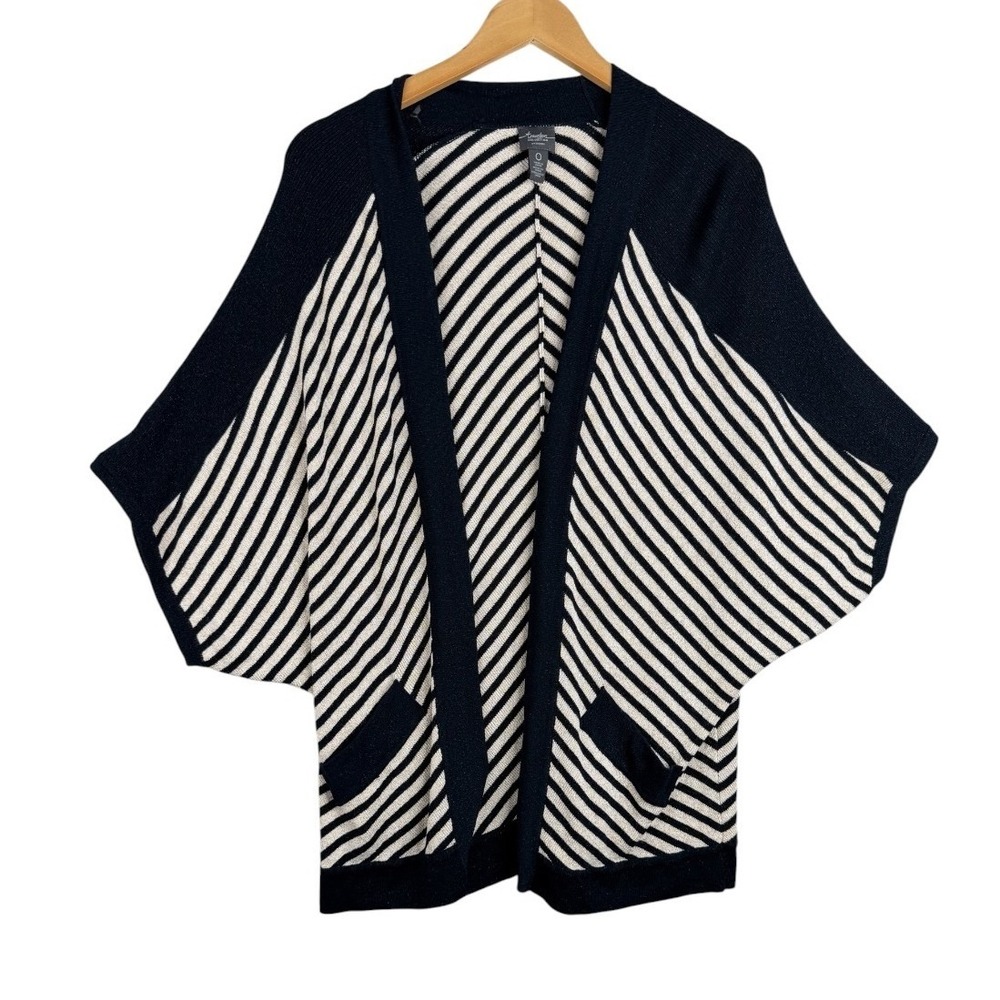 Chico's Travelers Collection Stripe Knit Sweater Jacket Blue Gold Sz 0 | US S
